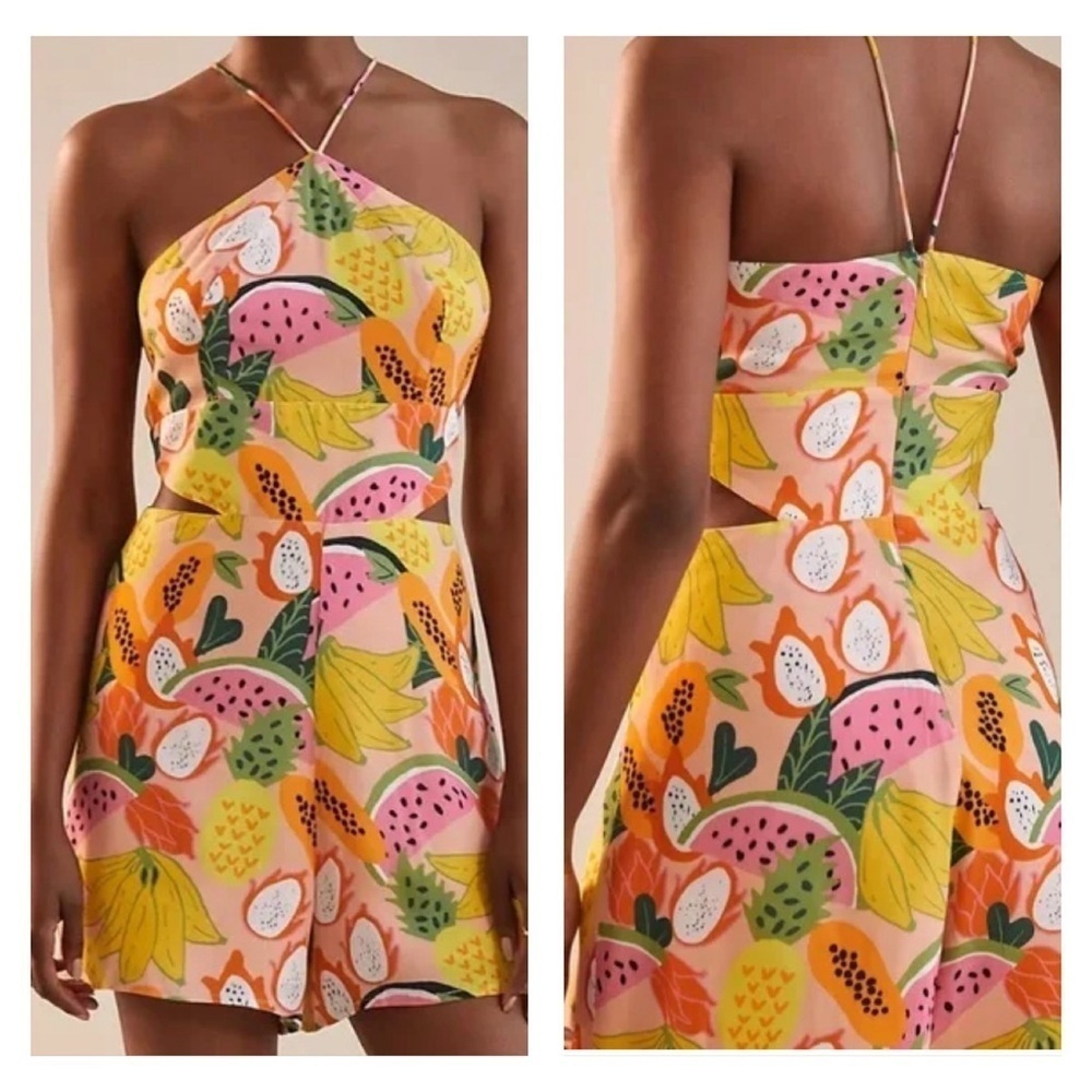 Hutch by ANTHROPOLOGIE Tropical Mixed Fruit Halter Romper side cutouts Carnival